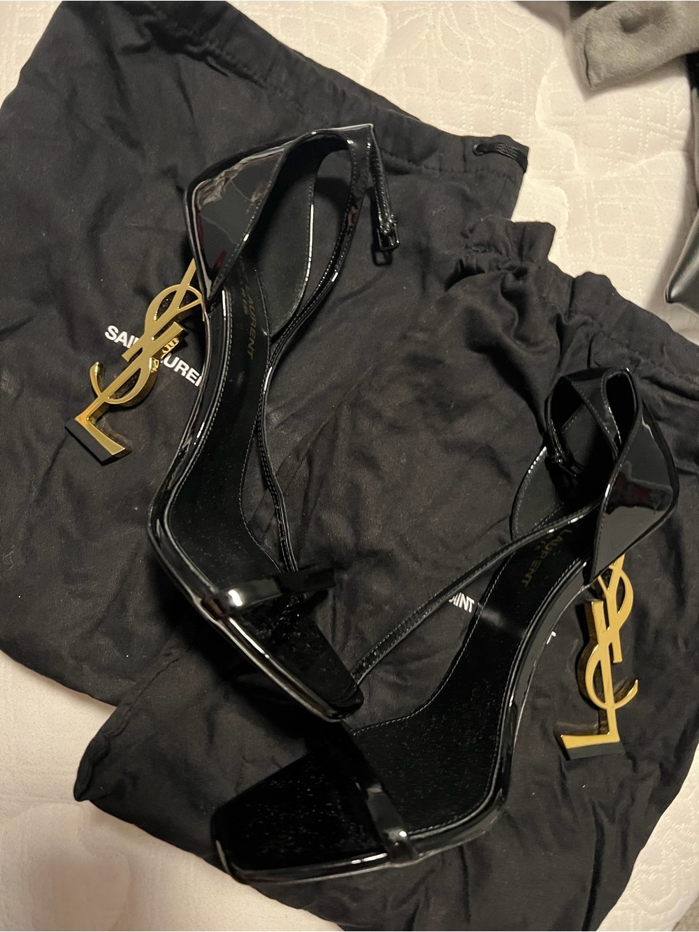 Saint Laurent Black Patent Sandals with Gold YSL Sculpted Heels